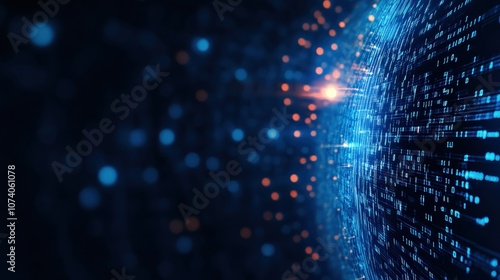 Digital data visualization with glowing particles and lines in a futuristic design.