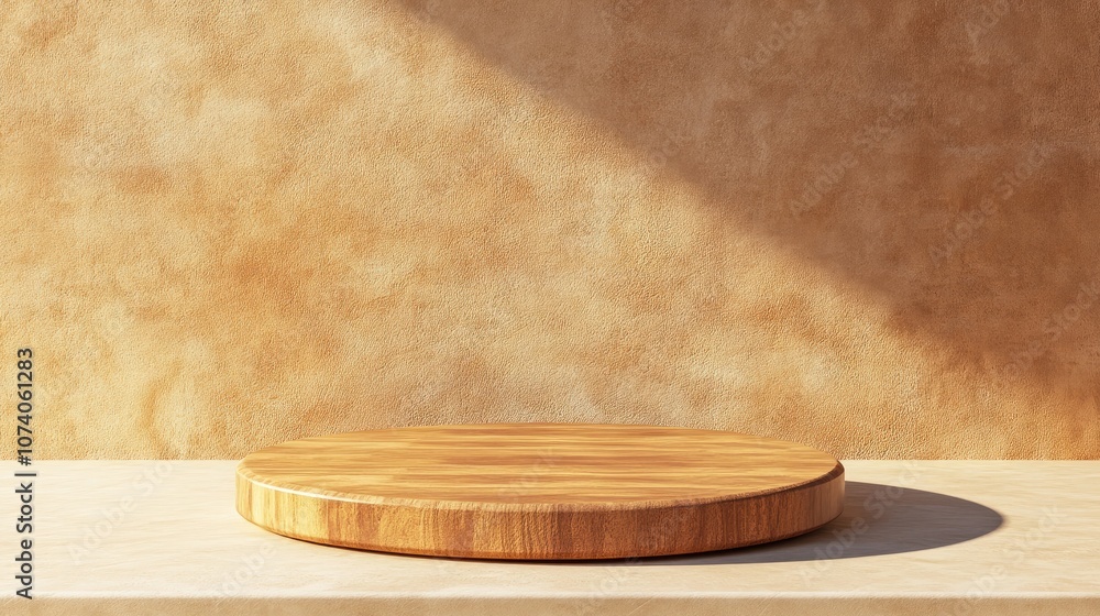 3D rendering of a rustic wooden podium on a beige floor with a warm earthen wall background ideal for showcasing cosmetics food or jewelry Front view minimalistic illustration banner 3D rendering of a rustic wooden podium on a beige floor with a warm earthen wall background ideal for showcasing cosmetics food or jewelry Front view minimalistic illustration banner