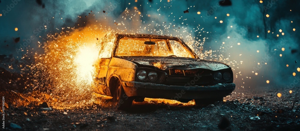 A car engulfed in flames and sparks with smoke in the background. A car engulfed in flames and sparks with smoke in the background.
