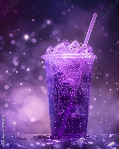 A vibrant purple drink with ice, sparkling in a dreamy atmosphere.