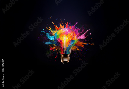 A lightbulb with a bright yellow glow inside, is surrounded by an explosion of rainbow colored paint splatters.