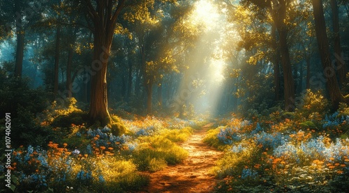 Sunbeams illuminate a path through a lush forest, with wildflowers blooming on either side.