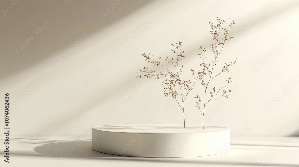 3D podium display featuring small plants on a neutral background Round pedestal designed for promoting cosmetic and beauty products suitable for sales and advertising Natural showcase in an abstra 3D podium display featuring small plants on a neutral background Round pedestal designed for promoting cosmetic and beauty products suitable for sales and advertising Natural showcase in an abstra