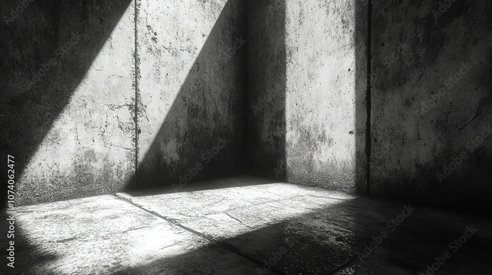 Black and white image capturing a room corner with a concrete floor and subtle shadows on the cement wallpaper. Black and white image capturing a room corner with a concrete floor and subtle shadows on the cement wallpaper.