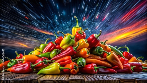 Captivating Long Exposure of Vibrant Peperoncini Rotondi Against a Night Sky, Showcasing Their Bright Colors and Motion Blurs for a Striking Visual Experience