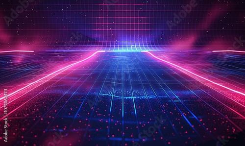 Wallpaper Mural Neon Grid Lines Retro Futuristic Background with Holographic 3D Wireframe Vector Illustration in Blue Pink Purple Colors Torontodigital.ca