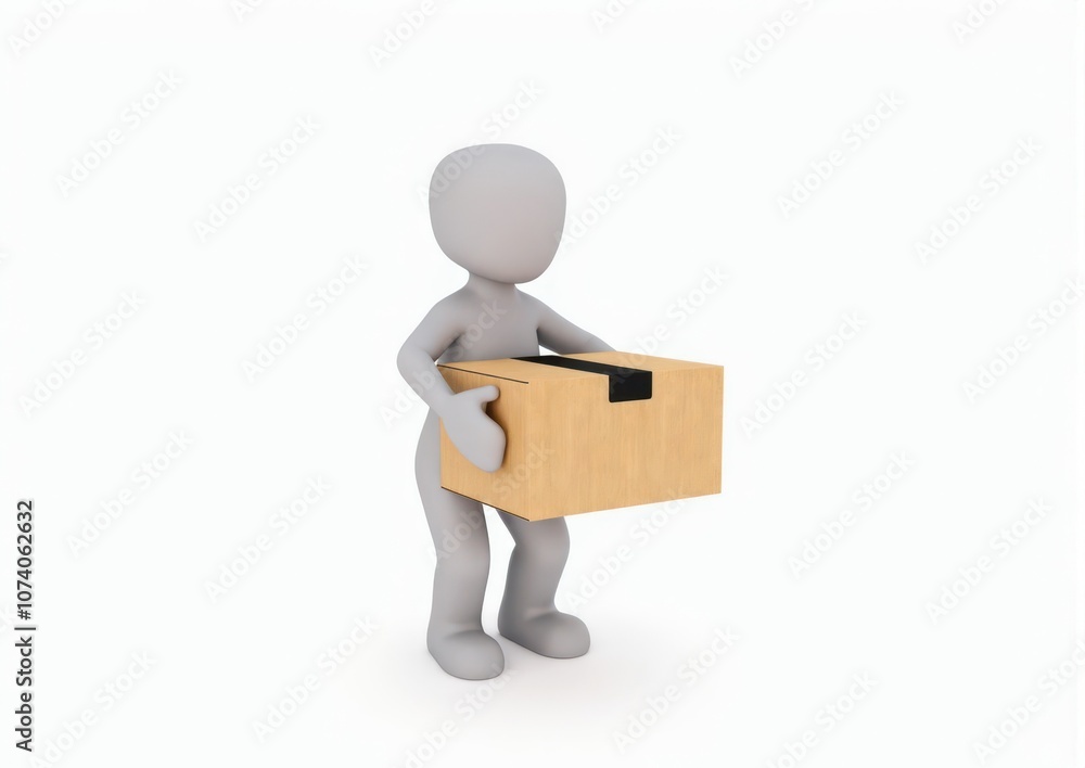 gray toy man 3d carries in hands a cardboard box on white background gray toy man 3d carries in hands a cardboard box on white background