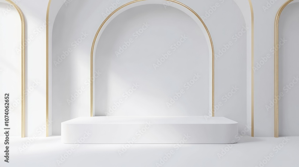 Abstract minimal concept featuring an empty white stand with gold accents against a white background 3D rendering showcasing a luxurious minimalist layout Illustrations suitable for advertising Abstract minimal concept featuring an empty white stand with gold accents against a white background 3D rendering showcasing a luxurious minimalist layout Illustrations suitable for advertising