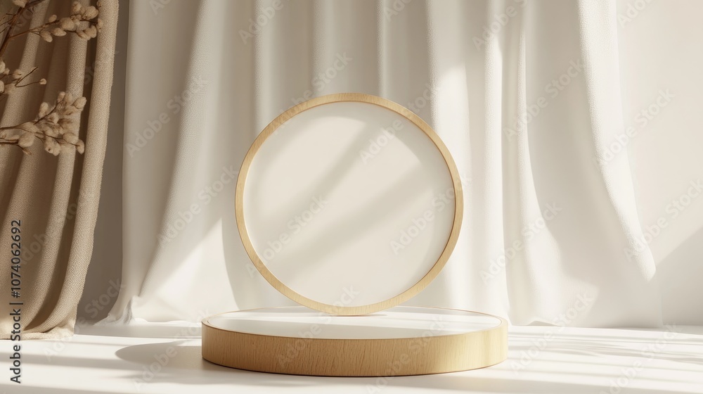3D wooden display podium on a white backdrop featuring a round beige frosted glass frame Ideal for showcasing cosmetics and beauty products Minimalist natural presentation with a curtain Abstract 3D wooden display podium on a white backdrop featuring a round beige frosted glass frame Ideal for showcasing cosmetics and beauty products Minimalist natural presentation with a curtain Abstract