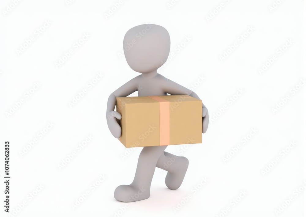 gray toy man 3d carries in hands a cardboard box on white background gray toy man 3d carries in hands a cardboard box on white background