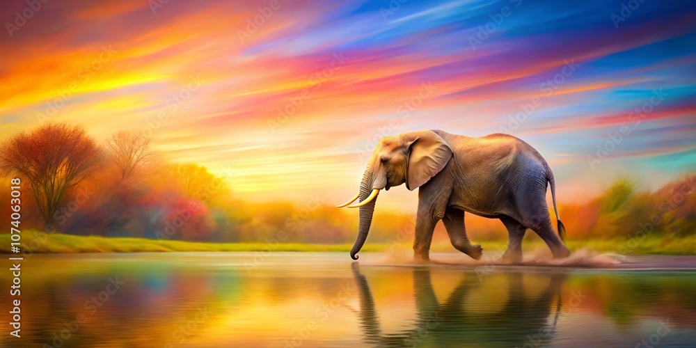 Fototapeta premium Captivating Long Exposure Watercolor of an Elephant in a Serene Landscape, Blending Nature and Artistry to Create a Dreamlike Atmosphere