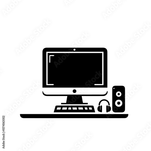 Modern Computer Setup Icon – Minimalist Vector Illustration of Desktop PC, Keyboard, and Mouse