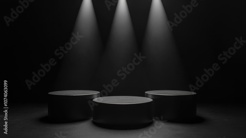 Three podiums set against a black background 3D rendering