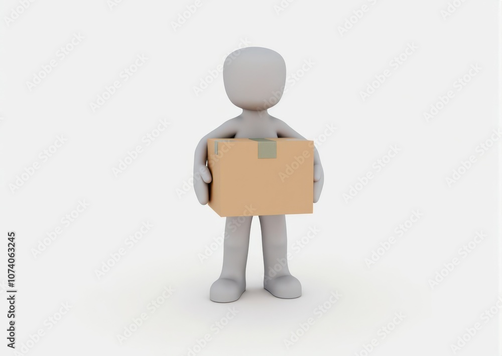 gray toy man 3d carries in hands a cardboard box on white background gray toy man 3d carries in hands a cardboard box on white background