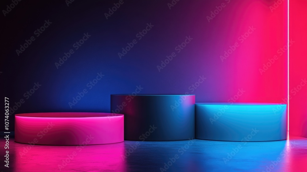 Gradient blue and pink lighting on podiums against a dark backdrop Designated space for product displays Contemporary stage setup for presentations Pedestal presentation 3D rendering Studio displa Gradient blue and pink lighting on podiums against a dark backdrop Designated space for product displays Contemporary stage setup for presentations Pedestal presentation 3D rendering Studio displa