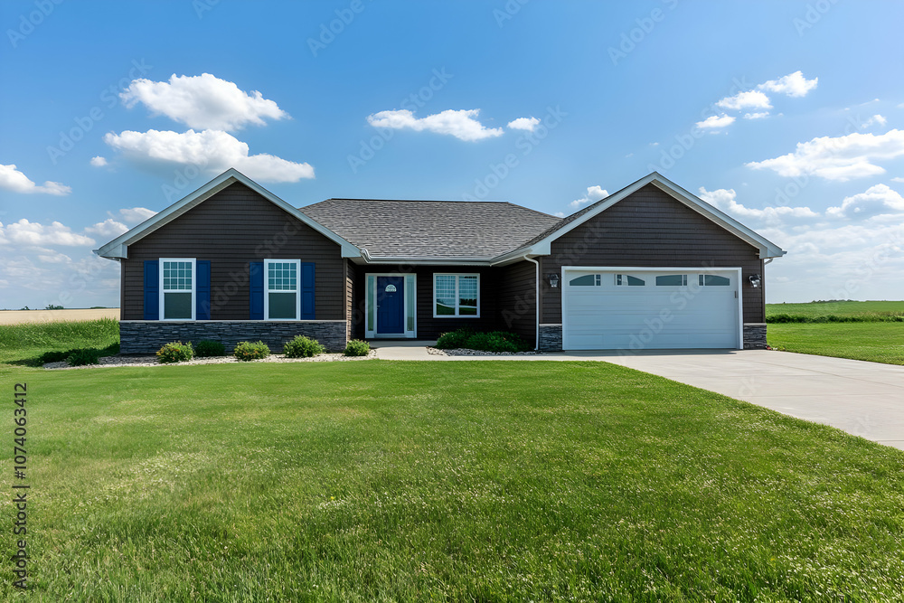 Neighborhood Real Estate Image - A modern single-story house with a manicured lawn under a clear blue sky. Neighborhood Real Estate Image - A modern single-story house with a manicured lawn under a clear blue sky.