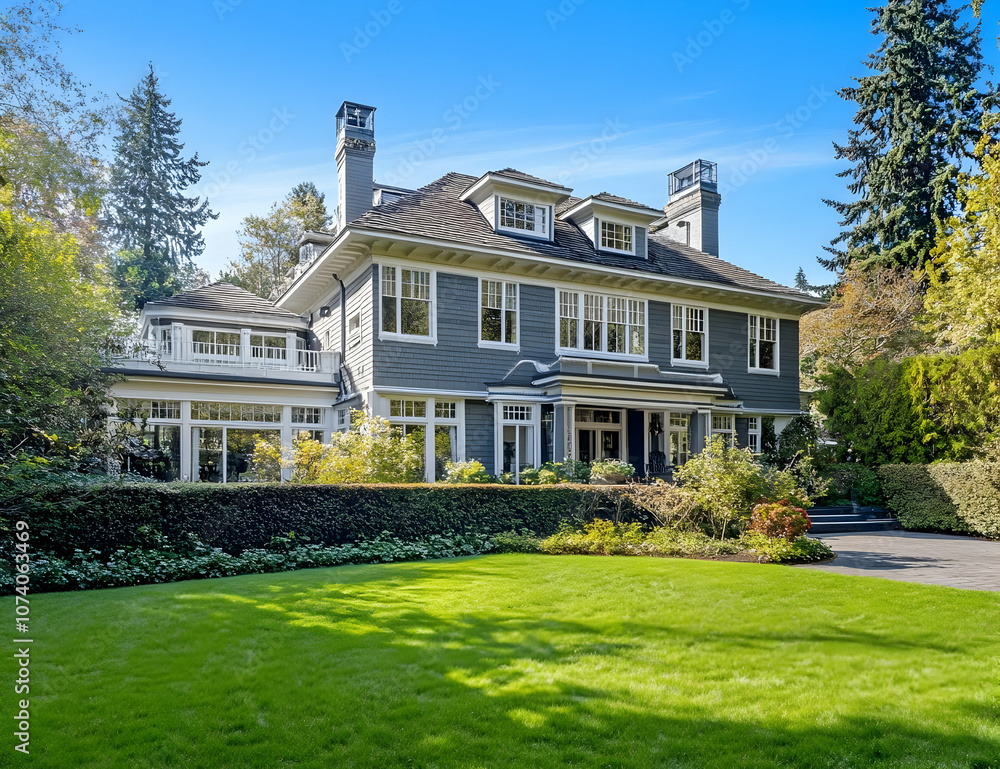 Neighborhood Real Estate Image - A beautiful large gray house surrounded by lush greenery and a well-maintained lawn. Neighborhood Real Estate Image - A beautiful large gray house surrounded by lush greenery and a well-maintained lawn.