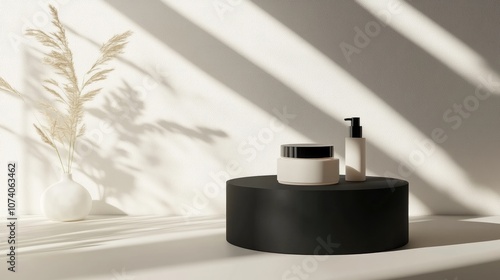 3D rendering of a minimalist display for cream cosmetics with a modern black podium backdrop