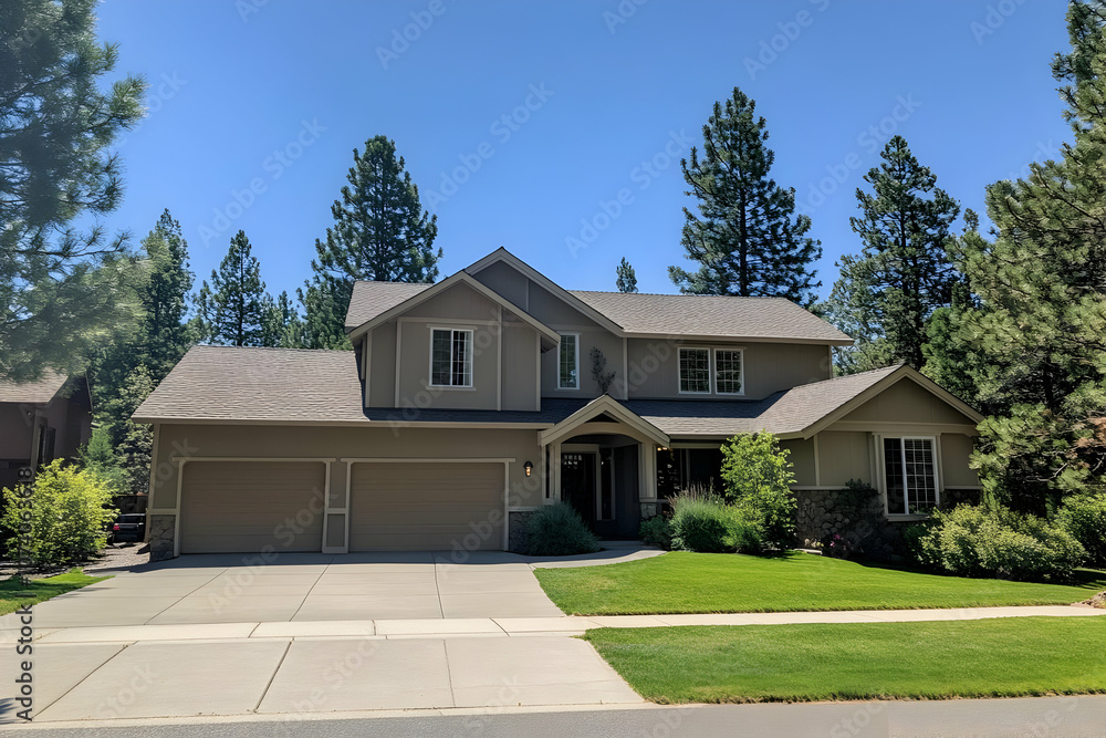 Neighborhood Real Estate Image - A modern two-story house surrounded by trees and a well-maintained lawn. Neighborhood Real Estate Image - A modern two-story house surrounded by trees and a well-maintained lawn.