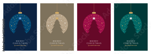 Christmas Card Design Template. Set of Merry Christmas Greeting Cards with Ball decoration and Christmas Tree. Modern Festive Design for Christmas and New Year Greeting Card, Postcard, Poster