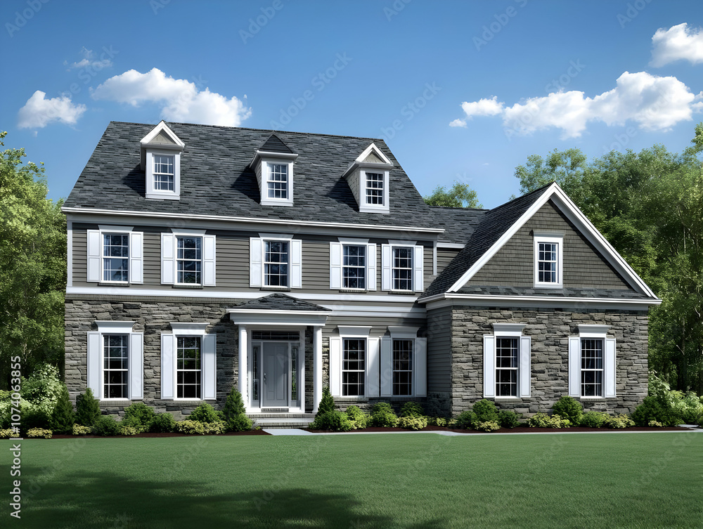 Neighborhood Real Estate Image - A modern two-story house featuring stone and siding with a landscaped yard. Neighborhood Real Estate Image - A modern two-story house featuring stone and siding with a landscaped yard.