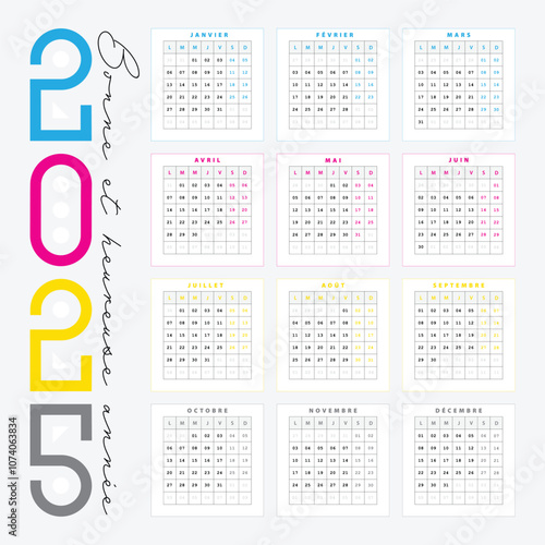 CMJN Calendrier 2025 Créatif et Coloré, Design Vectoriel de calendrier Français standard