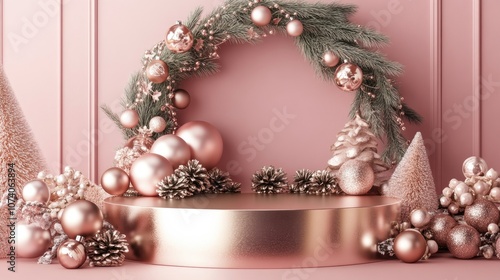 Silver podium adorned with Christmas decor against a pink backdrop Festive arrangement Sophisticated setting for product and cosmetic displays Opulent mockup Stand for beauty items 3D visualizatio photo