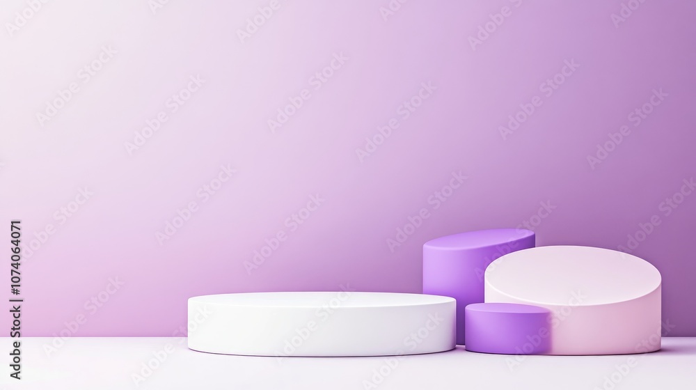 Minimalist studio background featuring a 3D purple violet and white cylinder podium Abstract geometric shape illustration for showcasing cosmetic and fashion products Minimalist studio background featuring a 3D purple violet and white cylinder podium Abstract geometric shape illustration for showcasing cosmetic and fashion products