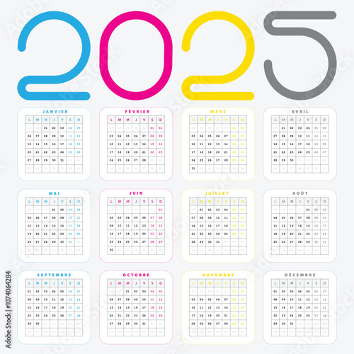 CMJN Calendrier 2025 Créatif et Coloré, Design Vectoriel de calendrier Français