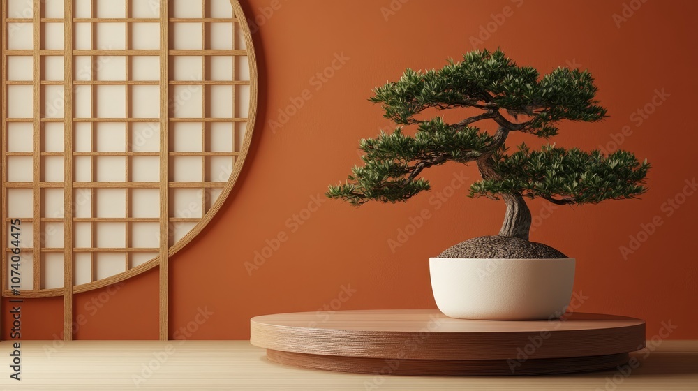 3D art render featuring a Japanese style podium and bonsai tree against a brown backdrop for product display 3D art render featuring a Japanese style podium and bonsai tree against a brown backdrop for product display