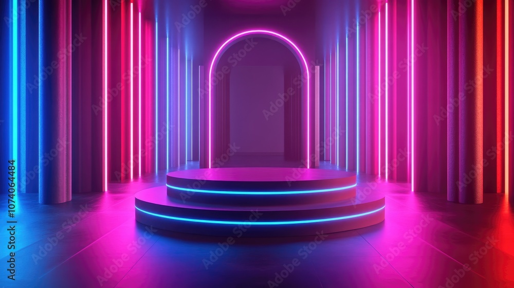 3D rendered modern mockup podium featuring neon lighting a futuristic pedestal designed for product displays and advertising 3D rendered modern mockup podium featuring neon lighting a futuristic pedestal designed for product displays and advertising