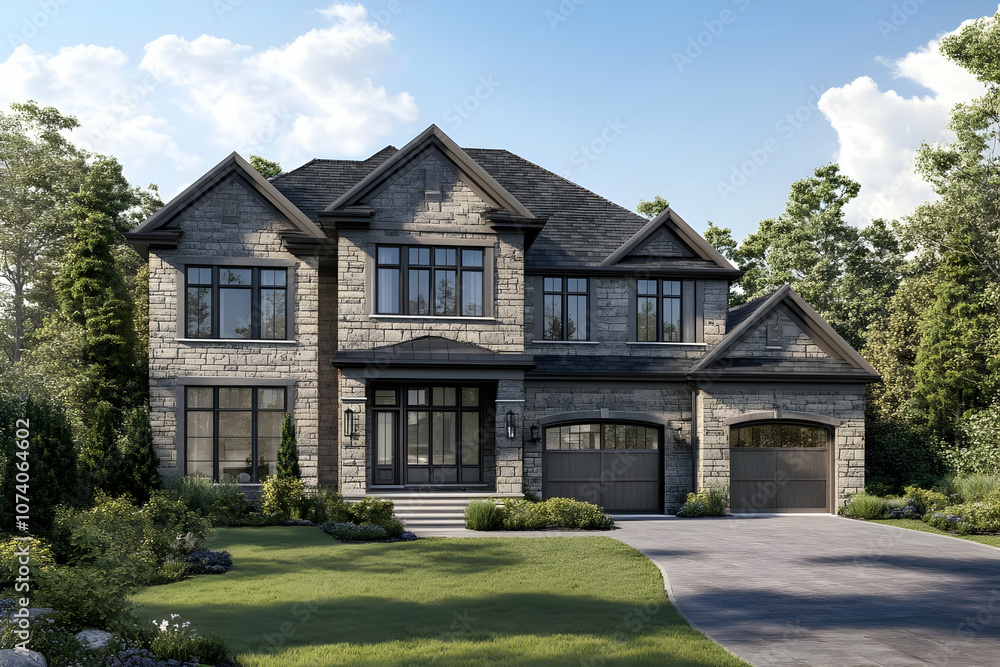 Neighborhood Real Estate Image - A modern stone house with a manicured lawn and driveway, surrounded by trees. Neighborhood Real Estate Image - A modern stone house with a manicured lawn and driveway, surrounded by trees.