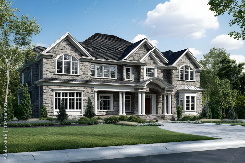 Neighborhood Real Estate Image - A large, modern stone house with a landscaped yard and a driveway. Neighborhood Real Estate Image - A large, modern stone house with a landscaped yard and a driveway.