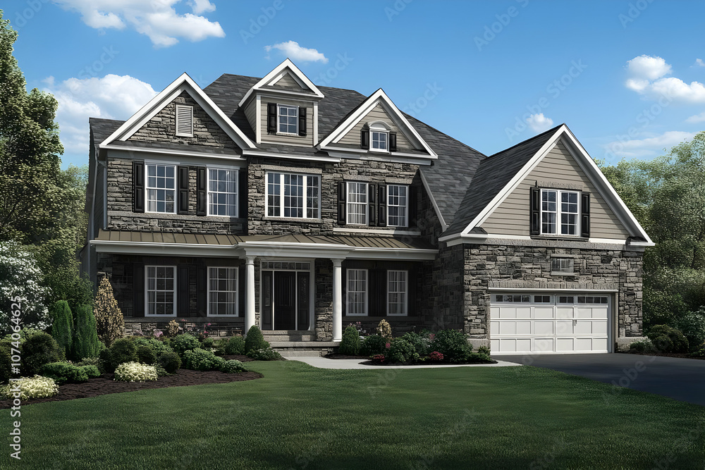 Neighborhood Real Estate Image - A modern two-story house with stone and siding, featuring a landscaped front yard. Neighborhood Real Estate Image - A modern two-story house with stone and siding, featuring a landscaped front yard.