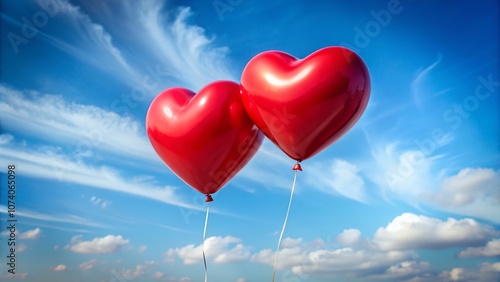 Captivating Macro Photography of Two Red Heart-Shaped Balloons Soaring in the Sky, Symbolizing Love and Freedom, Perfect for Valentine's Day and Romantic Themes