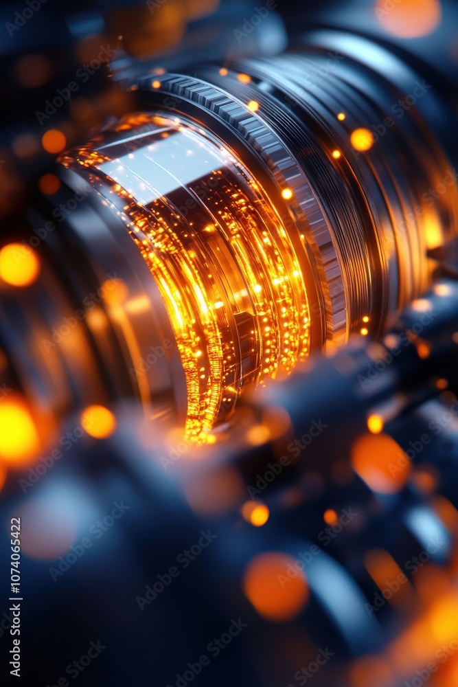 Close-up of a vibrant camera lens with glowing elements and intricate details.