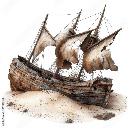 Weathered pirate shipwreck stranded on sandy shore, depicting adventure and mystery of the sea in an artistic illustration.