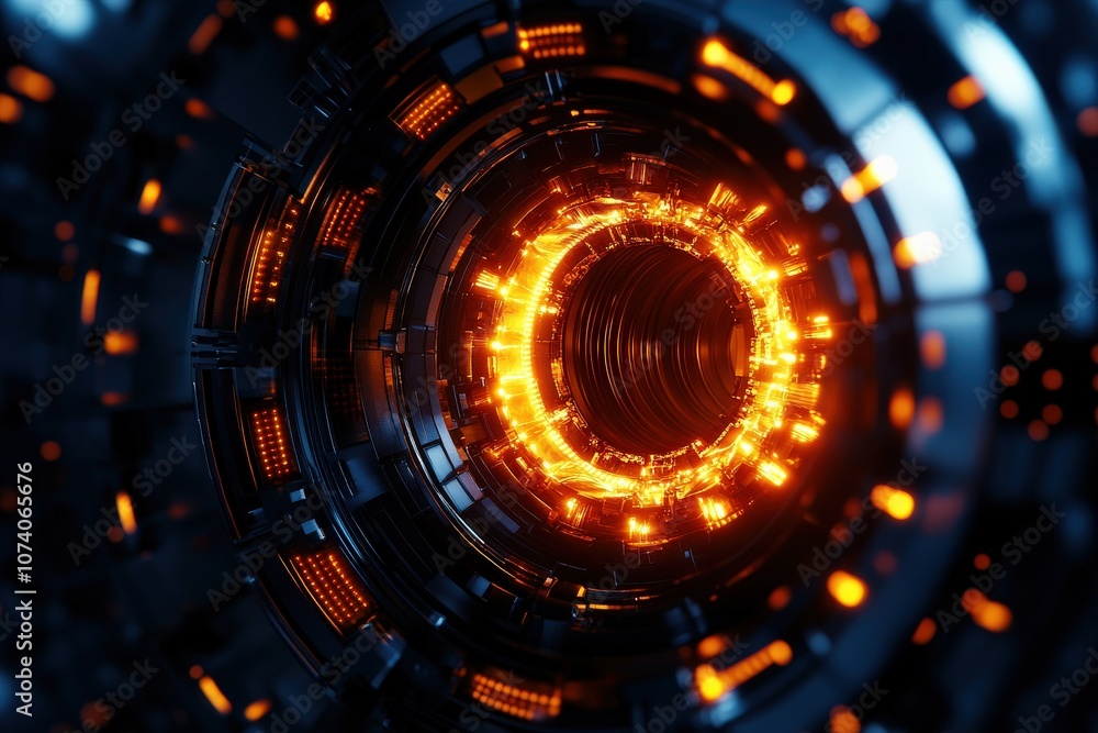 Futuristic abstract technology design with glowing orange lights and circular patterns. Futuristic abstract technology design with glowing orange lights and circular patterns.