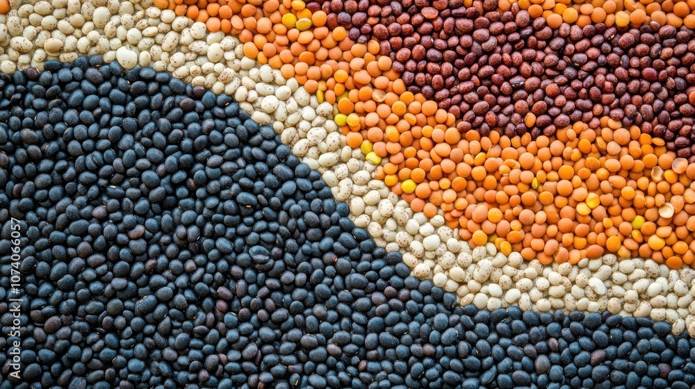 An array of colorful beans, lentils, and seeds is arranged in a dynamic abstract pattern, showcasing a blend of shapes and tones. Generative AI An array of colorful beans, lentils, and seeds is arranged in a dynamic abstract pattern, showcasing a blend of shapes and tones. Generative AI