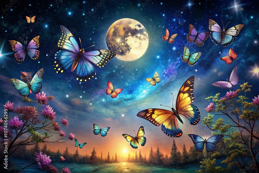 Captivating Night Photography of Easy Watercolor Butterflies Glowing Under the Moonlight, Showcasing Vibrant Colors and Delicate Patterns in a Serene Natural Setting Captivating Night Photography of Easy Watercolor Butterflies Glowing Under the Moonlight, Showcasing Vibrant Colors and Delicate Patterns in a Serene Natural Setting