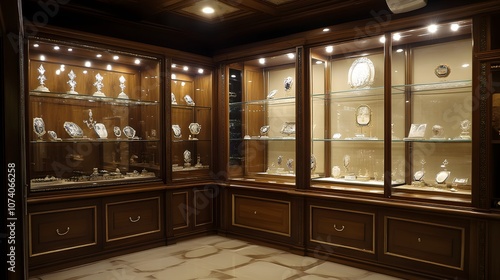 4. An elegant glass display case in a posh boutique, with intricate lighting highlighting the surrounding decor, leaving room for a high-end item inside photo