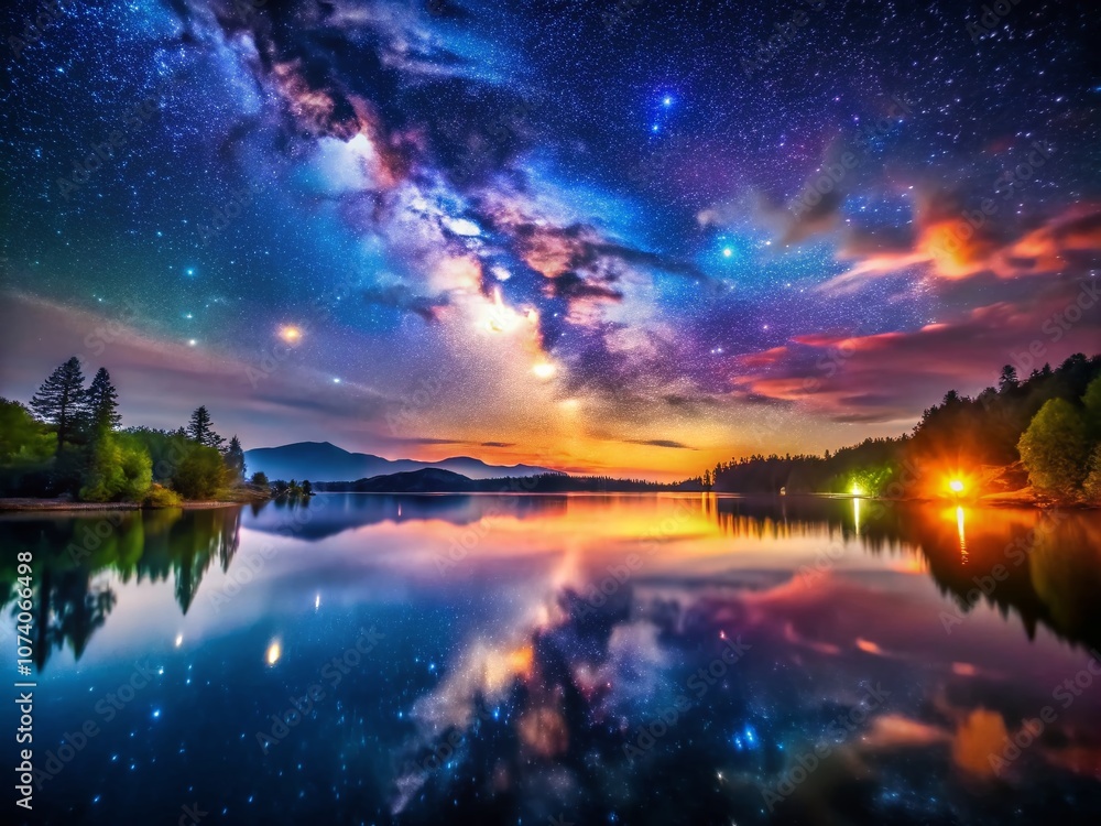 Captivating Night Photography of Watercolor Video Effects Illuminating a Serene Landscape with Vibrant Colors and Dreamy Reflections on Water Surfaces Under Starry Sky Captivating Night Photography of Watercolor Video Effects Illuminating a Serene Landscape with Vibrant Colors and Dreamy Reflections on Water Surfaces Under Starry Sky