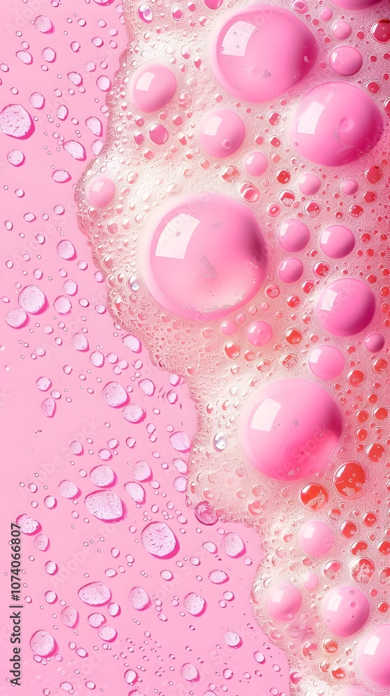A close-up of pink bubbles and droplets on a pink surface, creating a vibrant and playful look. A close-up of pink bubbles and droplets on a pink surface, creating a vibrant and playful look.