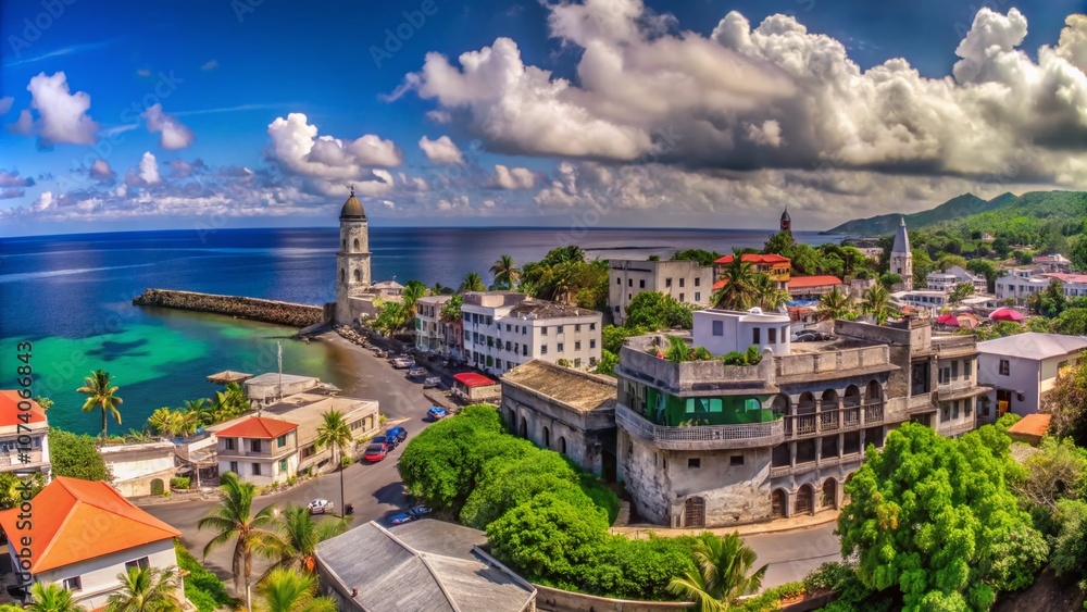 Fototapeta premium Captivating Panoramic View of Moroni: A Vibrant Coastal City with Lush Greenery, Turquoise Waters, and Stunning Architecture Under a Cloudless Sky