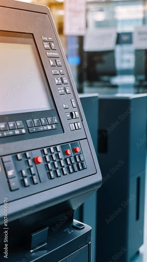 A close-up of a control panel on a large machine in a factory setting A close-up of a control panel on a large machine in a factory setting