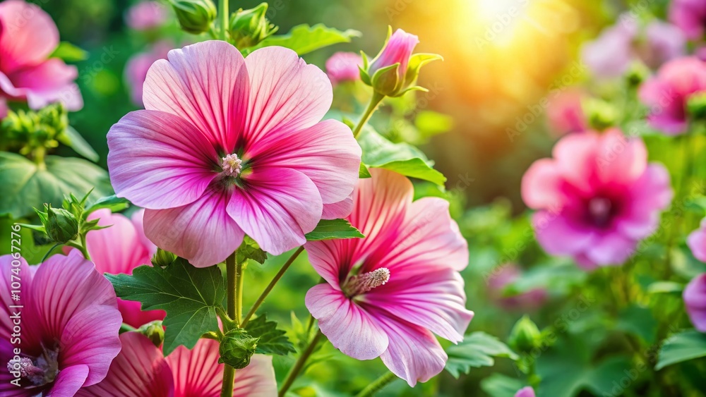 Obraz premium Captivating Portrait of Blooming Mallow in a Vibrant Garden Setting, Showcasing the Delicate Petals and Lush Greenery, Perfect for Nature Enthusiasts and Garden Lovers Alike