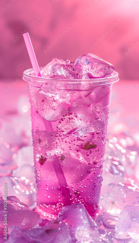 A refreshing purple drink with ice, served in a clear cup against a pink background. A refreshing purple drink with ice, served in a clear cup against a pink background.
