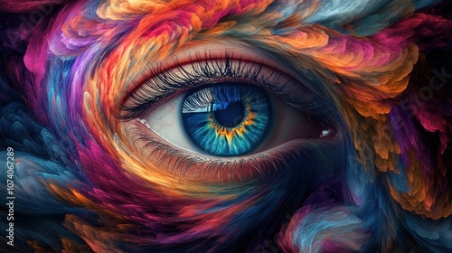 An artistic eye surrounded by vibrant, swirling colors.