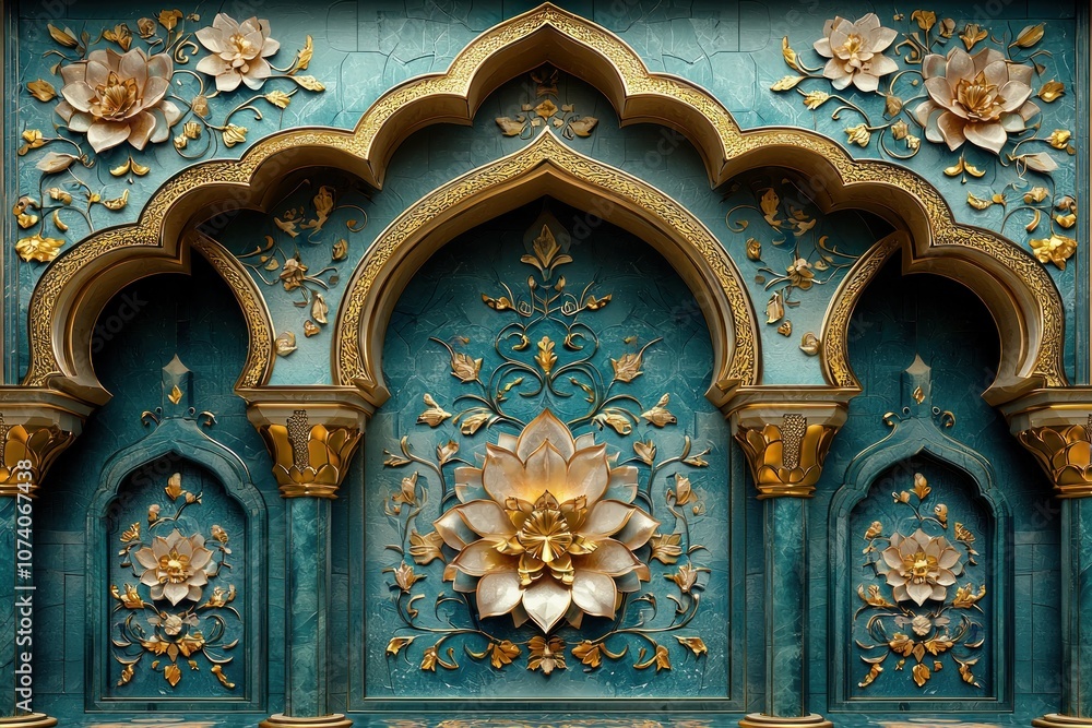Obraz premium Ornate Golden Floral Design on Teal Wall with Arches