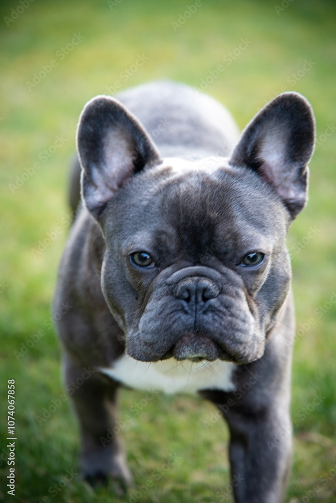 grey French Bulldog Puppy walking in a lush green garden, looking serious grey French Bulldog Puppy walking in a lush green garden, looking serious